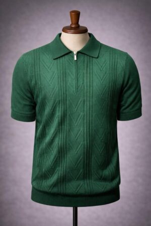 Polo golf Homme Vert Texturé à Fermeture Zippée – Style Premium Élégant